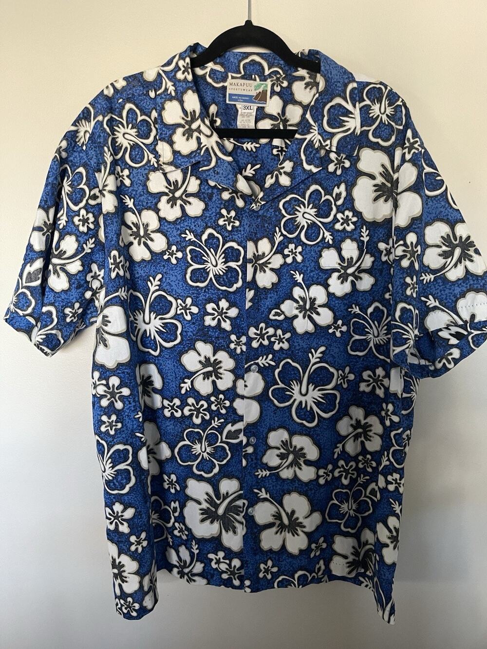 Makapuu Mens 3XL Hawaiian Shirt Royal Blue White Floral Made in Hawaii